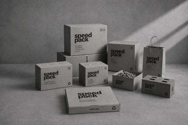 Speedpack-branded shipper cartons, mailers and carrier bag on a concrete floor