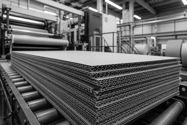 Stack of double-wall corrugated sheets with cut flutes facing camera