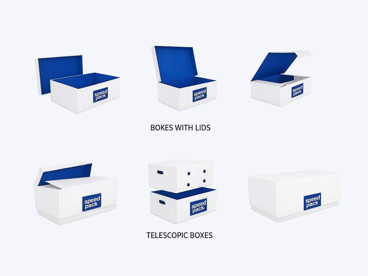 Speedpack telescopic boxes and lidded shipping boxes