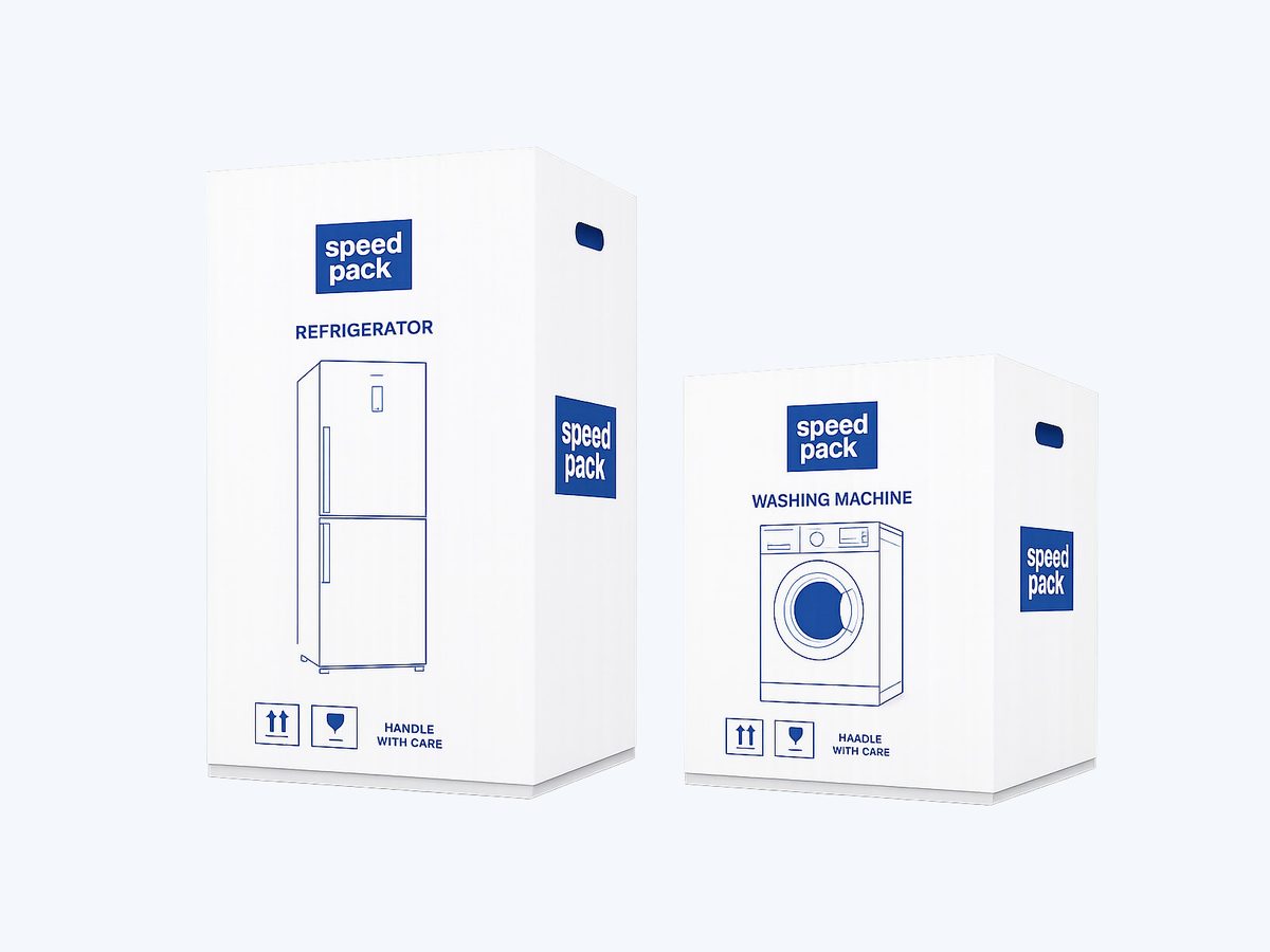 Speedpack refrigerator and washing-machine cartons with product illustration and handle die-cuts