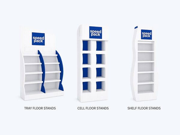 Speedpack tray, cell and shelf retail floor stands
