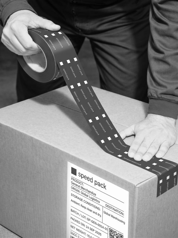Speedpack-branded packing tape being run across a sealed carton