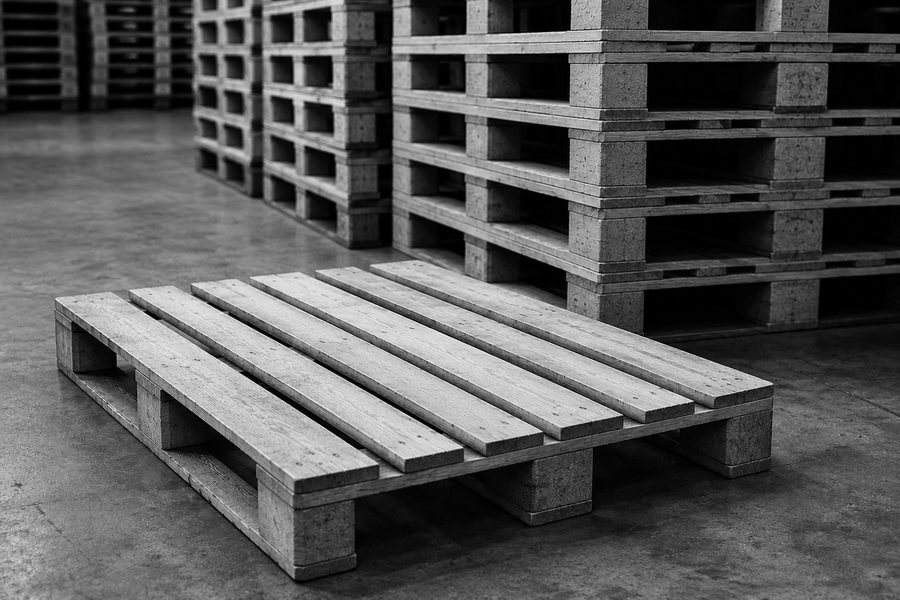 Stacked timber block pallets in the group's pallet warehouse
