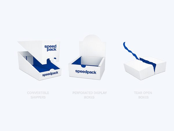 Speedpack convertible shipper, perforated display box and tear-open box