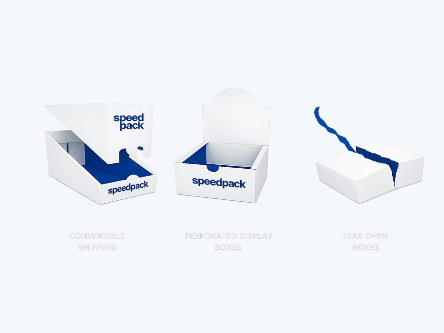 Speedpack convertible shipper, perforated display box and tear-open box